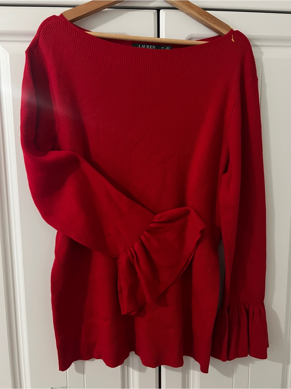 Ralph Lauren Red Ruffle Cuff Scoop-Neck Sweater